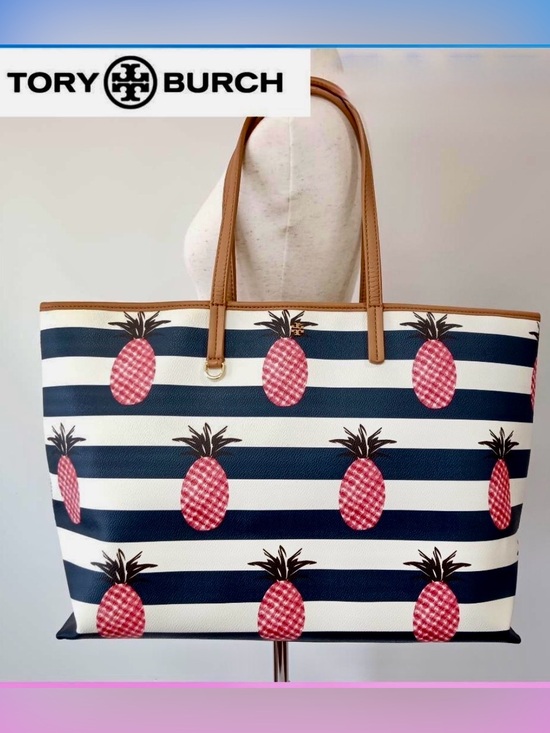 Tory Burch Handbags - Tory Burch Kerrington Striped Pink Pineapple Tote 2015 - like new condition